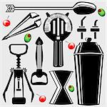 Bartending Tools in Vector silhouette - corkscrew, shaker, strainer, bottle opener