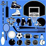 Sports equipment and balls in detailed vector silhouette