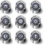 World religious icons on modern rubber vector button set