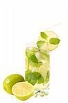 Mojito cocktail with lime, mint leaves and ice on white background