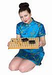 Japanese girl with ceremony tea-tray on the white