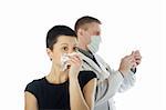 Woman with tissue paper waits when doctor in gauze mask preapres a syringe