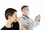 Woman with tissue paper watches how a doctor in gauze mask preapres a syringe