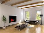 modern living room interior with fireplace (3D rendering)