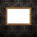 Black and gray wallpaper design with wooden picture frame and blank copyspace