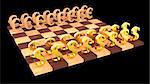 3D golden dollar symbols against wooden euro symbols on the chess board