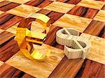 3D golden euro symbol near fallen wooden dollar