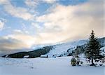 winter evening mountain landscape with sheds group near forest