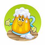 Smiling cartoon beer on wooden table - color illustration.