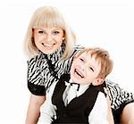 Mother and son laughing, isolated, over white