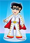 Cartoon Elvis impersonator on stage - color illustration.