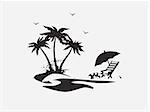 silhouette Palm trees with lounge chairs on the beach, vector illustration