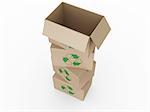 3d rendering of a cardboard boxes with a recycling logo.