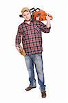 happy woodcutter with saw. over white background