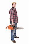 happy woodcutter with saw. over white background