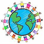 Vector - Illustration of a group of kids with different races holding hands around the globe