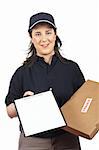 Courier woman delivering a parcel fragile and holding a clipboard for a signature
