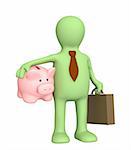 3d puppet - businessman, holding piggy bank