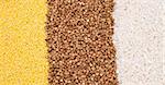 Millet, buckwheat, rice background - close-up, cooking ingredients