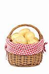 Raw and fresh potatoes in the basket, isolated on white background