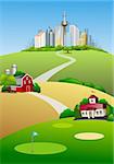 Rural and urban landscape illustration showing Golf course Old time barn and buildings
