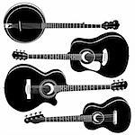 Acoustic guitars and banjo in detailed vector silhouette.  Set includes a variety of body styles for any type of music.