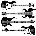 Bass guitars in detailed vector silhouette.  Set includes a variety of body styles for any type of music.