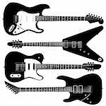 Electric guitars in detailed vector silhouette.  Set includes a variety of body styles for any type of music.