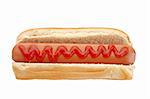 A hot dog with ketchup isolated on white background. Shallow depth of field