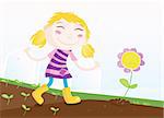 Small girl in garden with flower. Vector Illustration.