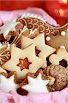 Detail of delicious Christmas cookies in the box in red tone