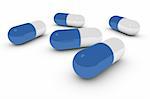 3D Render of blue pills on white background.