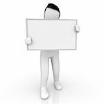 3D human with blank presentation frame on white background