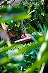 A young woman lying on massage table outside in tropical garden