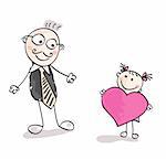 Small girl give big heart to her father. Vector Illustration.