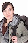happy brunette woman ready to travel. over white background