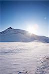 A winter landscape with a mountain and blue sky