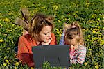 Relaxing girls outdoors on the spring meadow