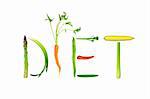 Vegetable selection spelling the word diet, isolated over white background.