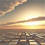 A matrix grid perspective with a bright sun or star burst over the horizon.