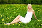 Young beautiful woman relaxing on a green meadow with dandelion