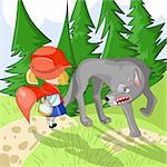 Illustration for tale Little red riding hood. Meeting with wolf in the forest.