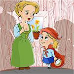 Illustration for tale Little red riding hood. Little girl with her mum.
