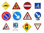 Range of traffic signs isolated including bump ramp, road works, no entry, bike lane, no parking, arrow, traffic light, yield give way