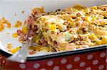 pasta baked with smoked meat and corn