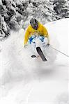 Freeride Skier moving down and  jumping in powder snow.