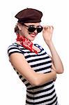 beautiful girl with red bandana, beret and striped shirt in a classic 60s french look