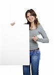 Beautiful young women holding a blank notecard.