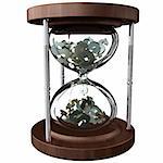 An hourglass with falling dollar symbols instead of sand. Time is money