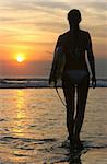 Silhouette of a surfer girl at sunset on Bali island